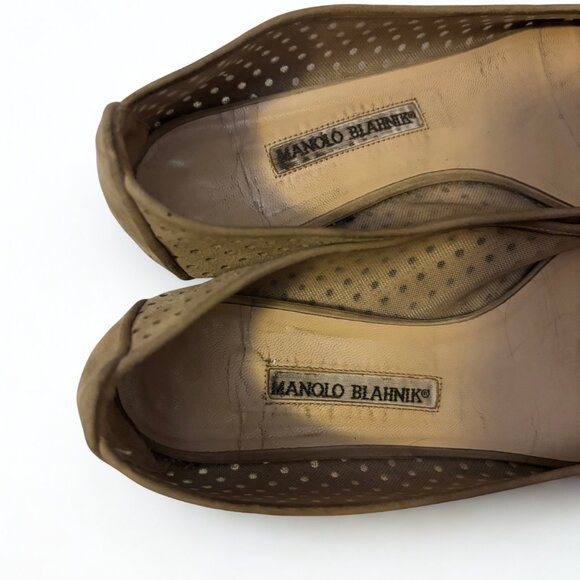 Manolo Blahnik Brown Polka Dot Mesh Leather Flats Size 7 - Picture 2 of 7